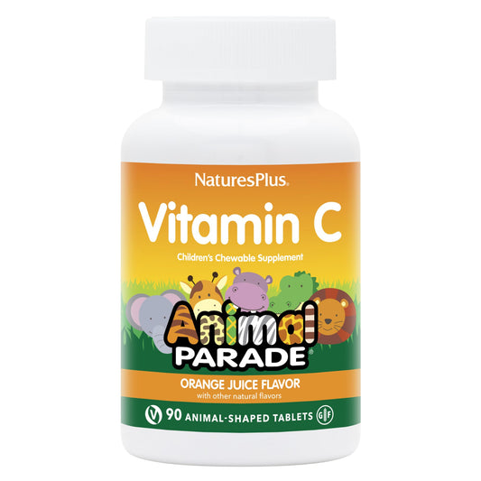 NaturesPlus Animal Parade Vitamin C bottle with kid-friendly chewables for daily wellness.
