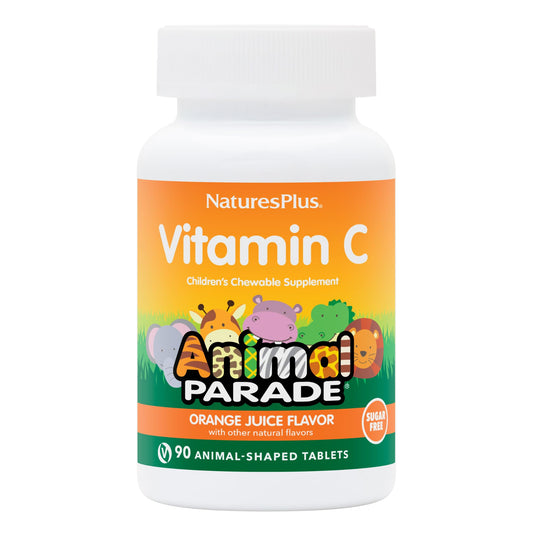 NaturesPlus Animal Parade vitamin C bottle with kid-friendly chewables for daily immune support