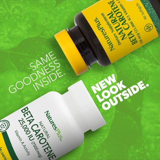 NaturesPlus beta carotene bottle label highlights algae-derived beta carotene