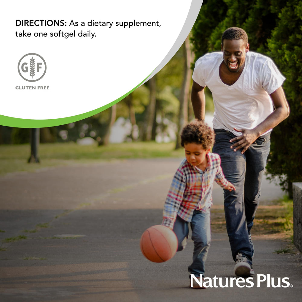 NaturesPlus Beyond CoQ10 softgels in a morning routine setup.