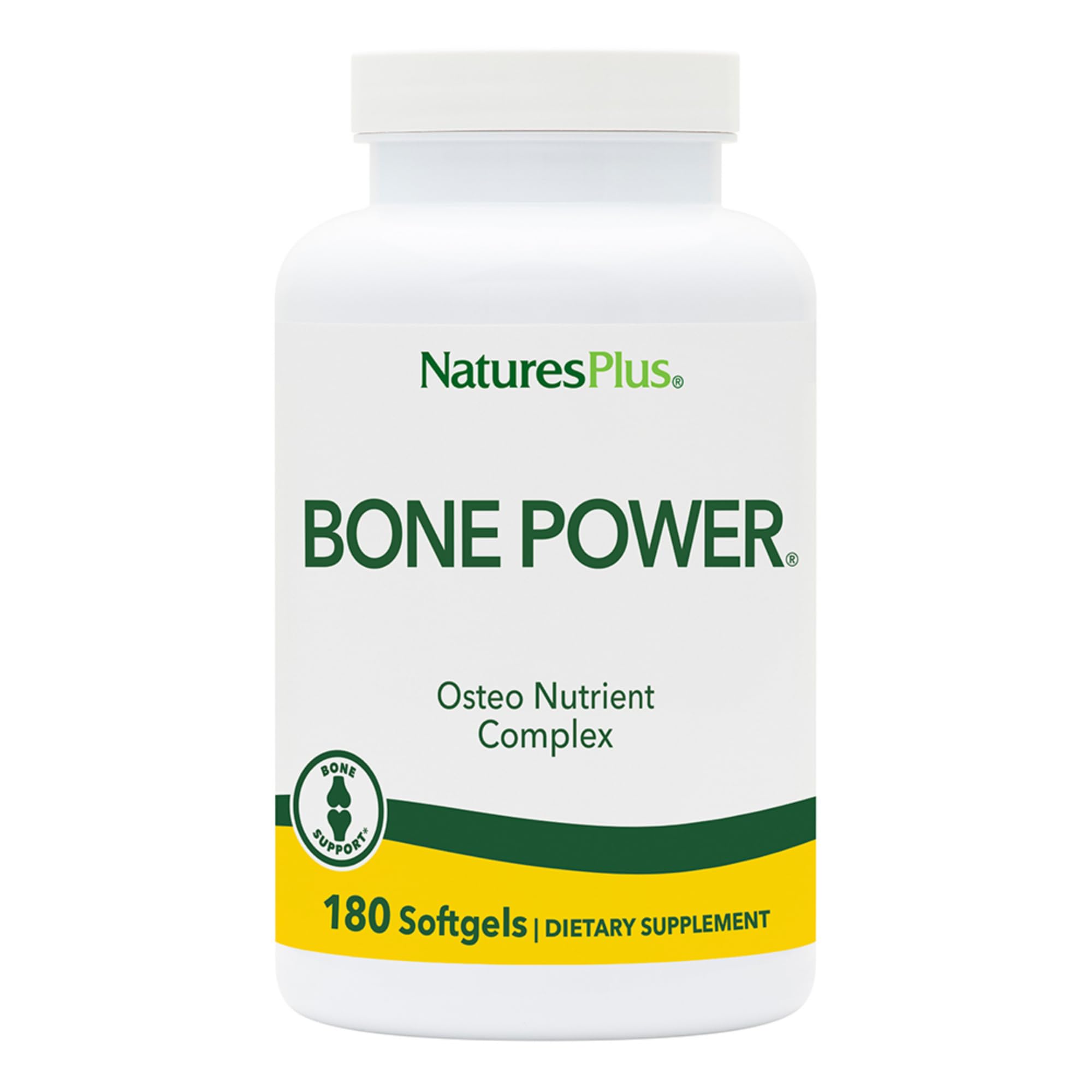 NaturesPlus Bone Power bottle and label highlighting calcium complex for daily support