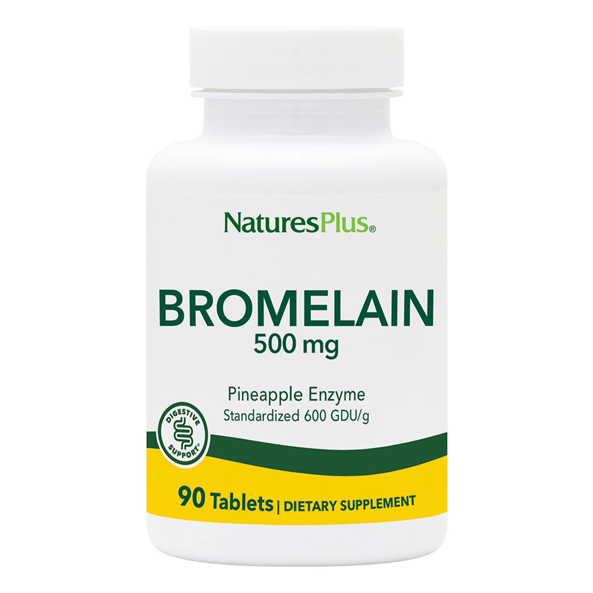 NaturesPlus Bromelain 500 mg tablets in bottle for daily use.