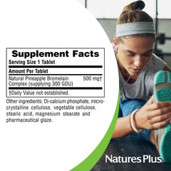 Nature'sPlus bromelain tablet showing 500mg potency and 600 GDU for enzyme action.