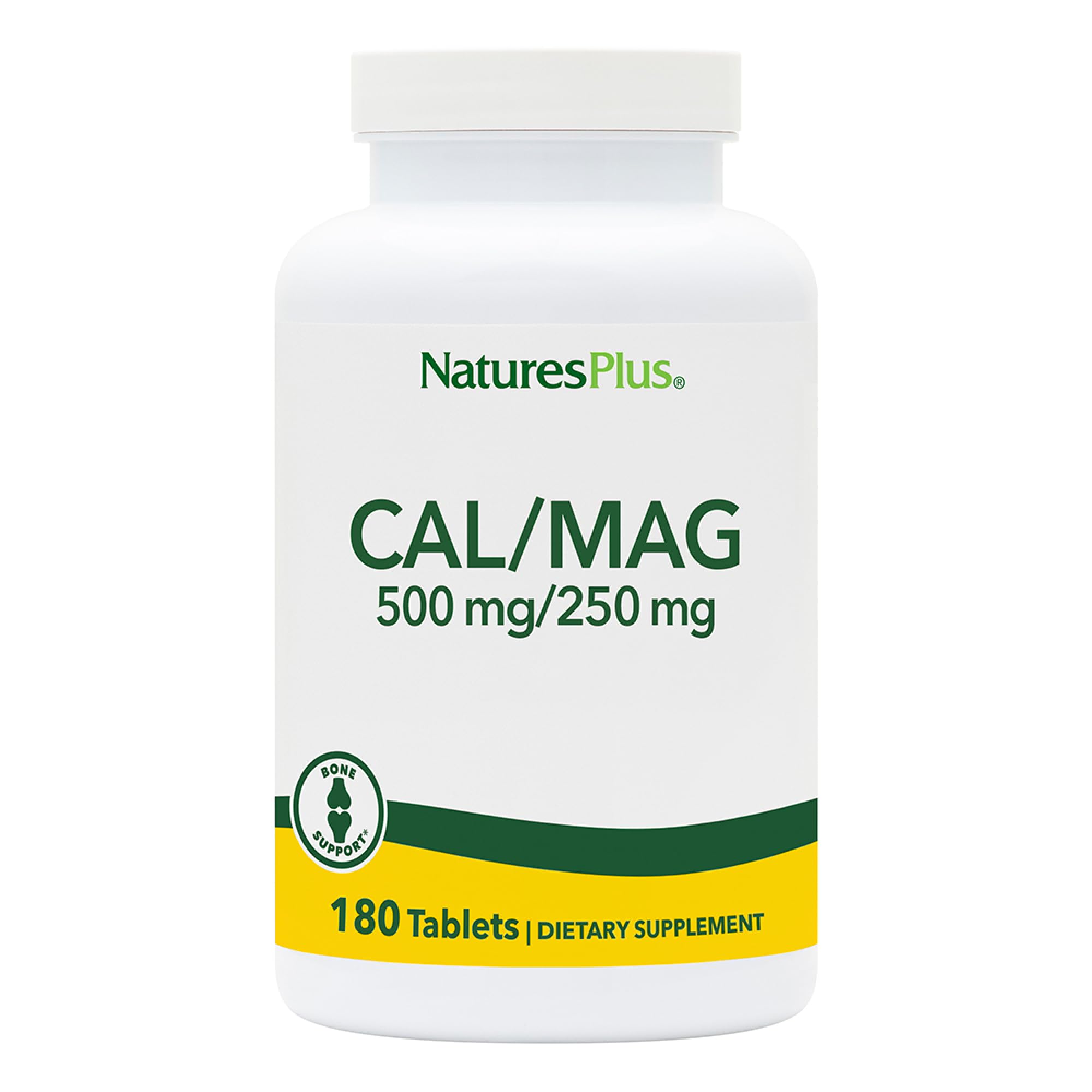 NaturesPlus Cal/Mag bottle front shows 180 vegetarian tablets for daily wellness.