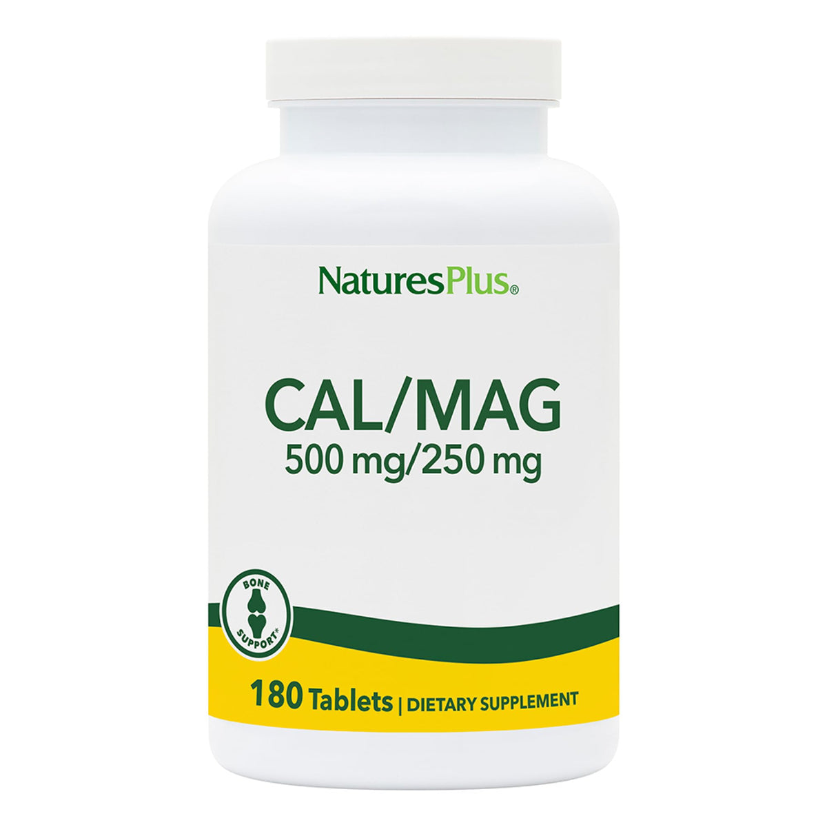 NaturesPlus Cal/Mag bottle front shows 180 vegetarian tablets for daily wellness.
