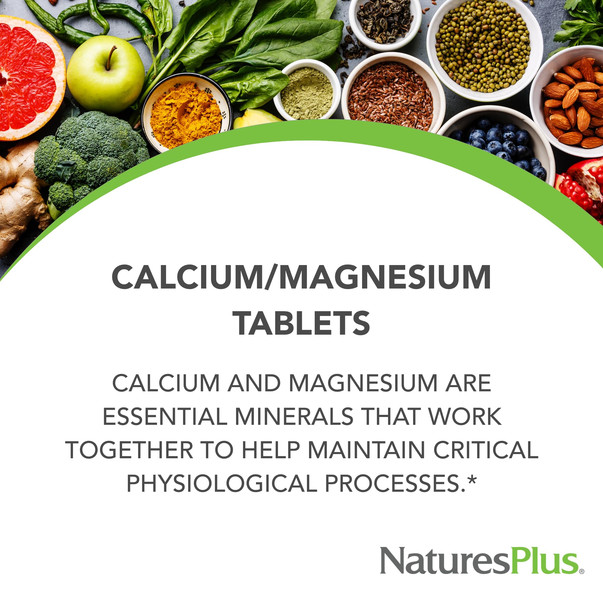 NaturesPlus Cal/Mag bottle label close-up emphasizes calcium and magnesium details.
