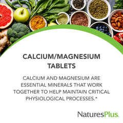 NaturesPlus Cal/Mag bottle label close-up emphasizes calcium and magnesium details.