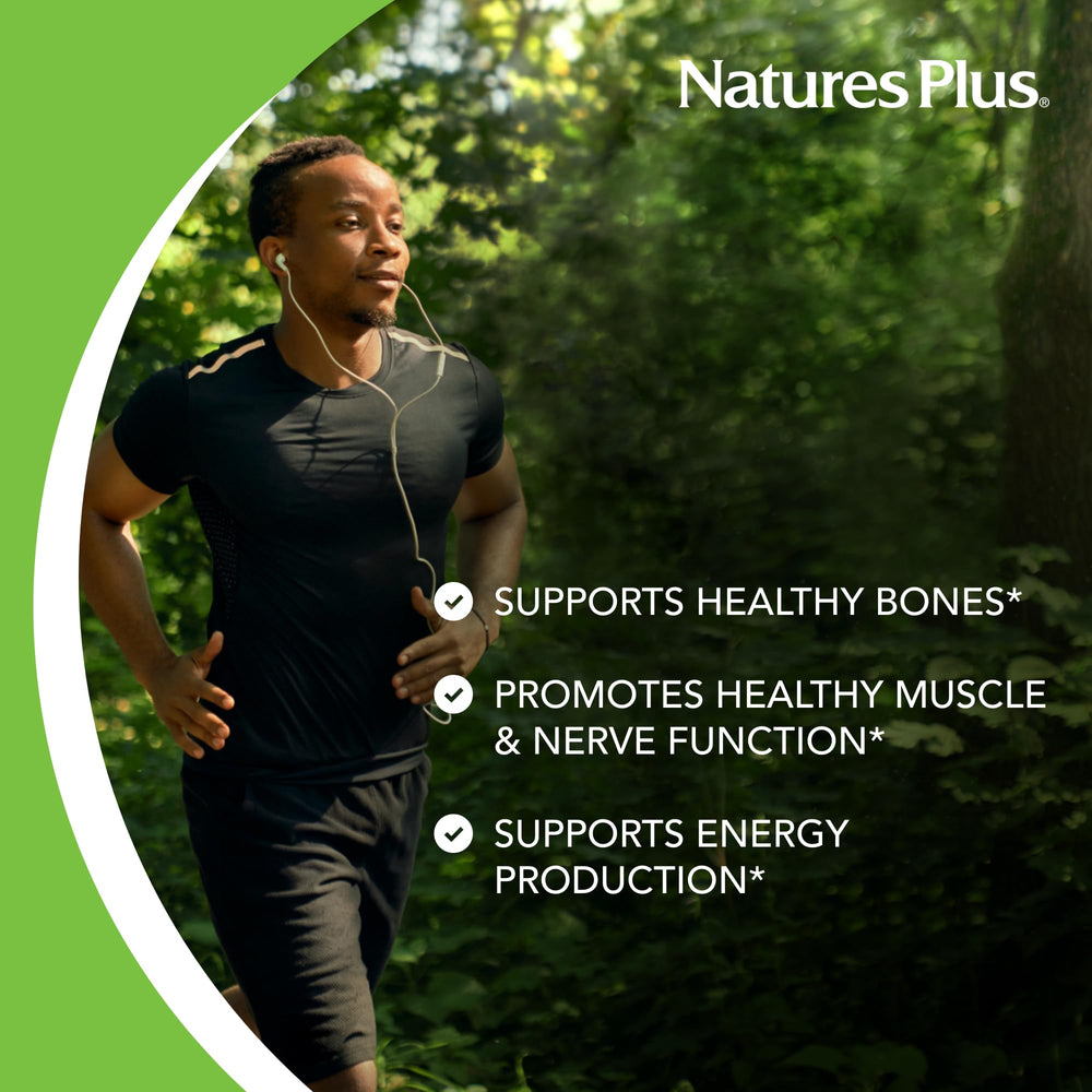 NaturesPlus Cal/Mag serving size chart demonstrates daily dosage options.