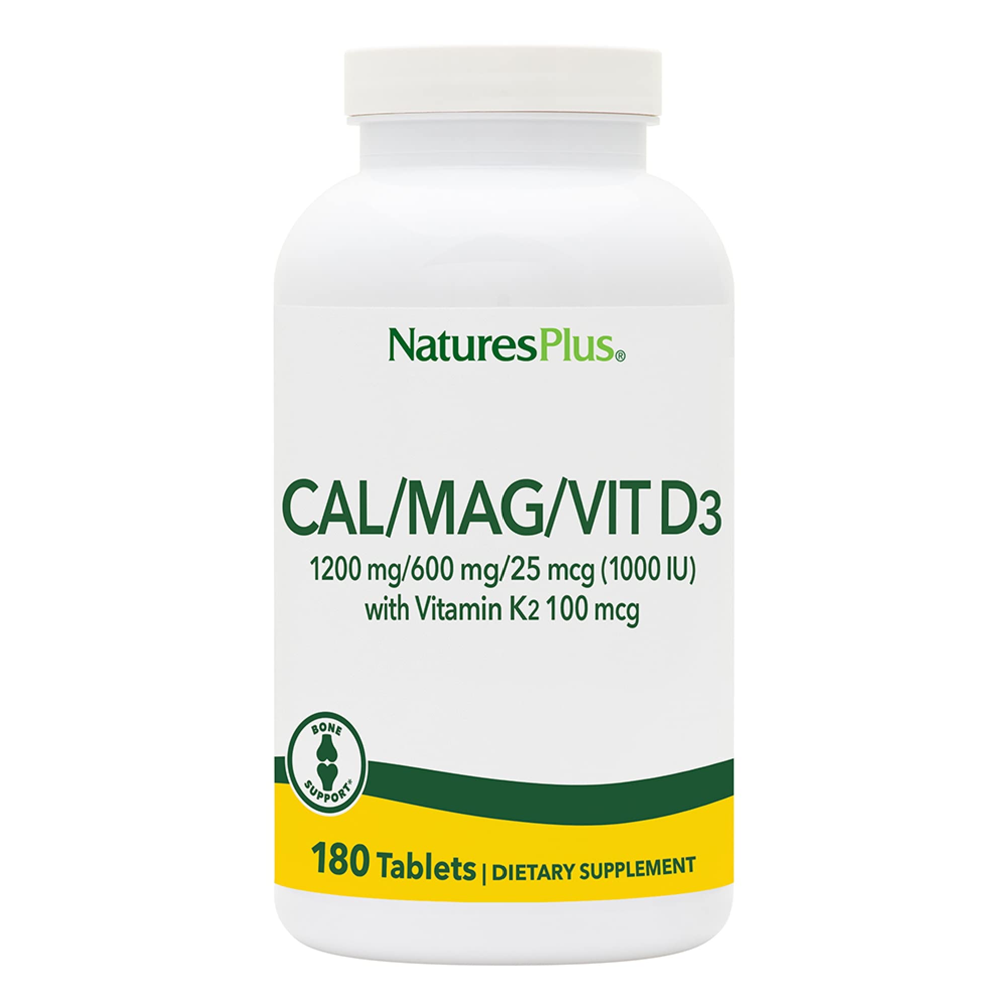 NaturesPlus calcium-magnesium-d3-k2 bottle front for bone health support.