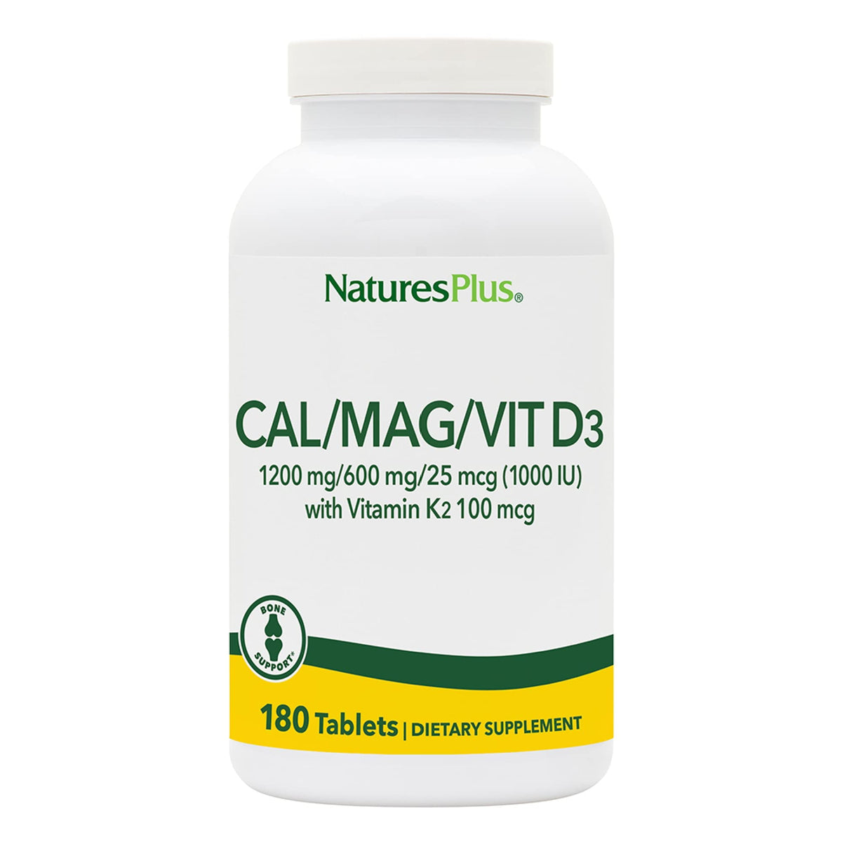 NaturesPlus calcium-magnesium-d3-k2 bottle front for bone health support.