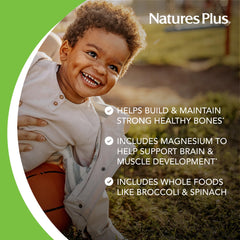 NaturesPlus calcium supplement graphic showing gluten-free vegan formulation.