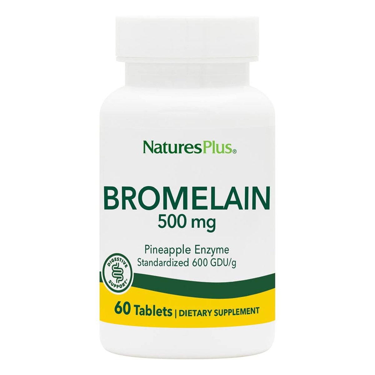 Nature'sPlus chewable bromelain tablet close-up highlighting pineapple-derived digestion support.