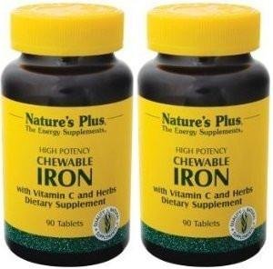 NaturesPlus Chewable Iron Cherry bottle, high-potency iron with vitamin C for absorption.