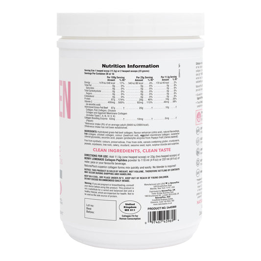 NaturesPlus Collagen Peptides Berry Lemonade powder being poured — easy mix in drinks.