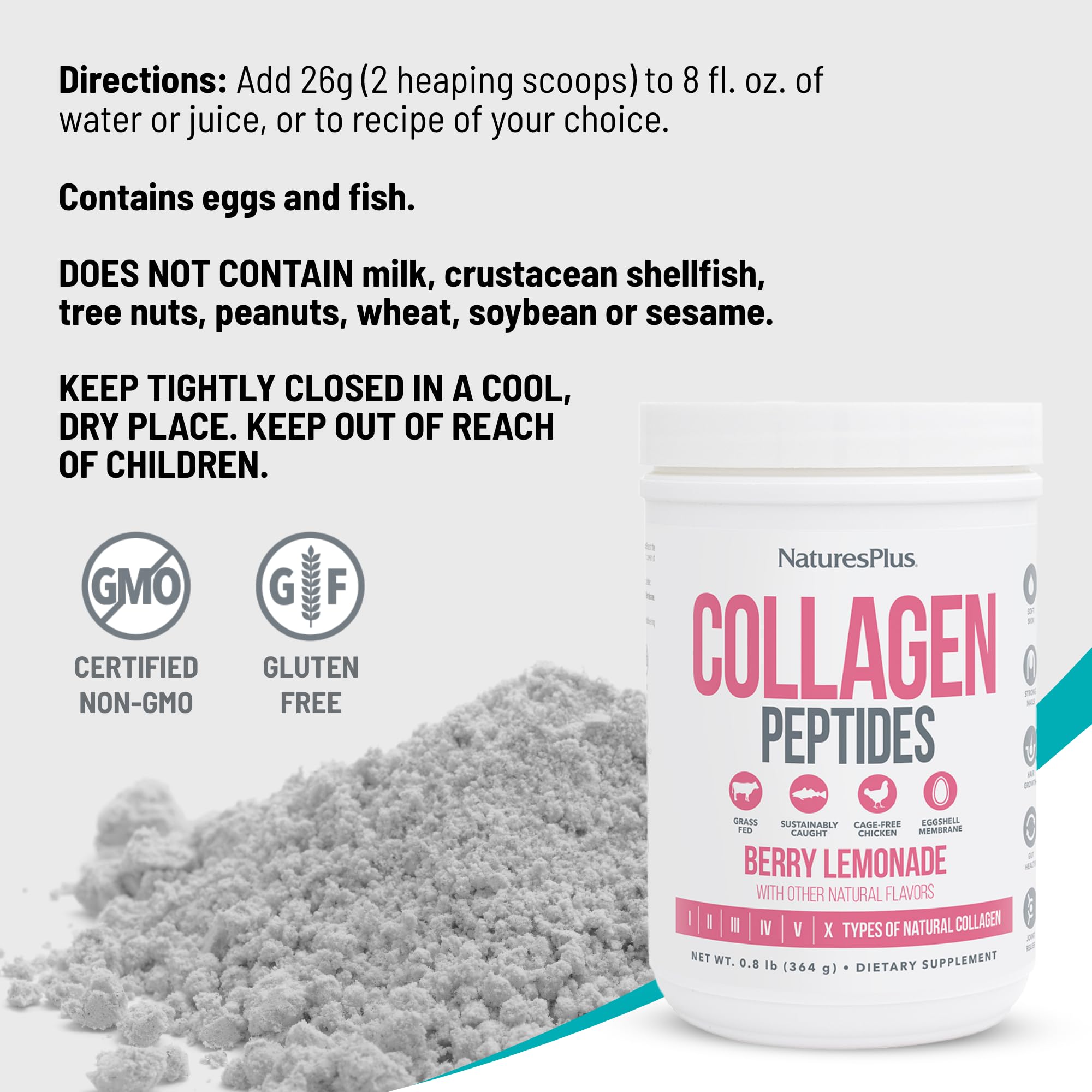 NaturesPlus Collagen Peptides Berry Lemonade packaging, highlighting grass-fed beef, cod, and eggshell membrane sources.
