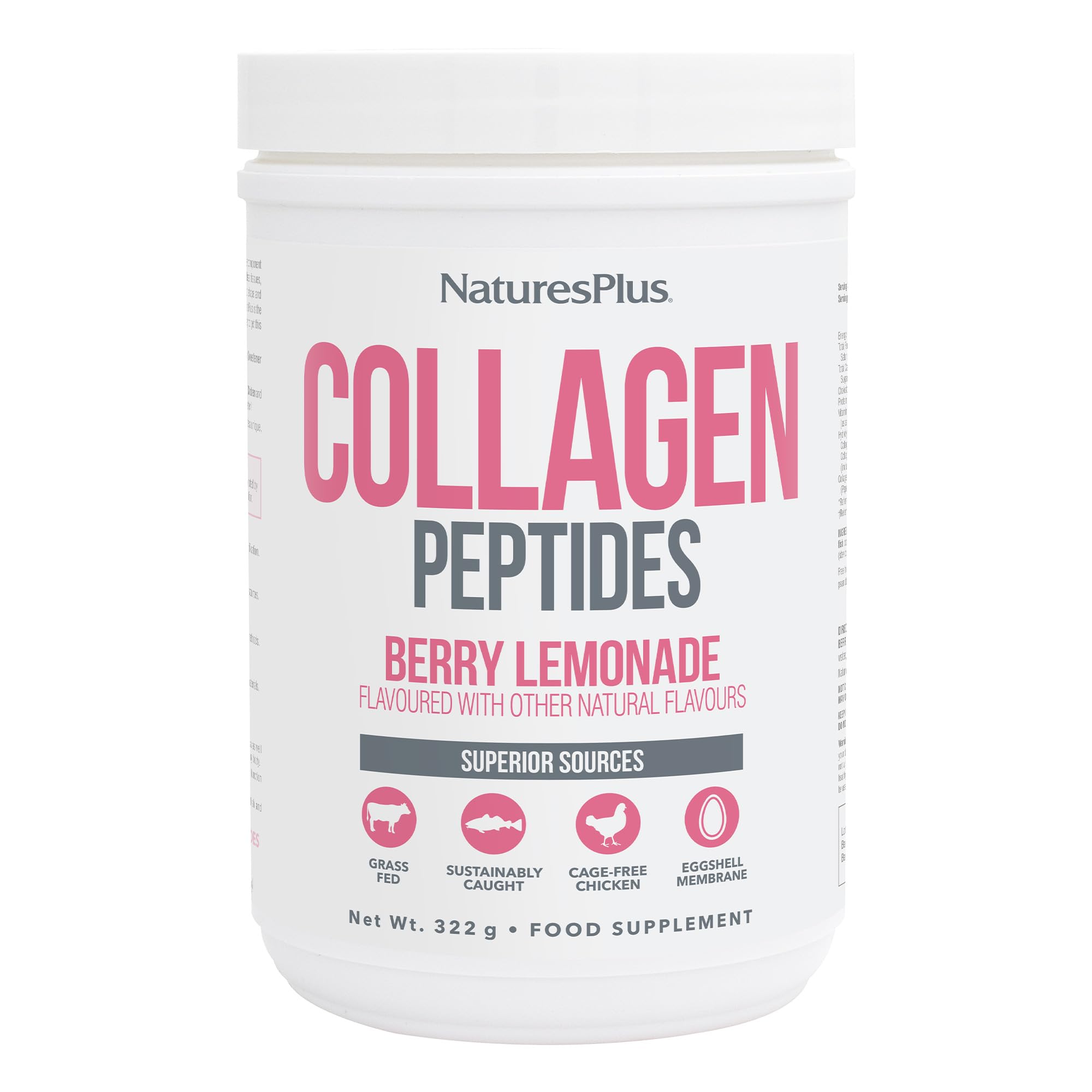 NaturesPlus Collagen Peptides Berry Lemonade tub label — six collagen types for comprehensive support.