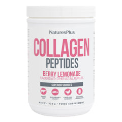 NaturesPlus Collagen Peptides Berry Lemonade tub label — six collagen types for comprehensive support.