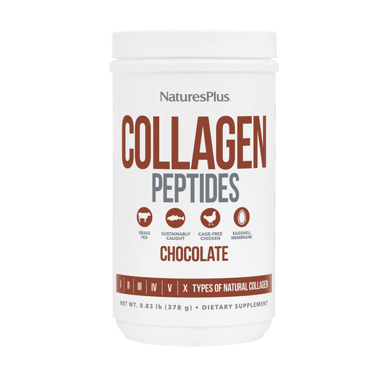 NaturesPlus Collagen Peptides chocolate bottle highlighting hair and skin support.