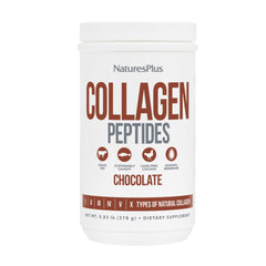 NaturesPlus Collagen Peptides chocolate bottle highlighting hair and skin support.