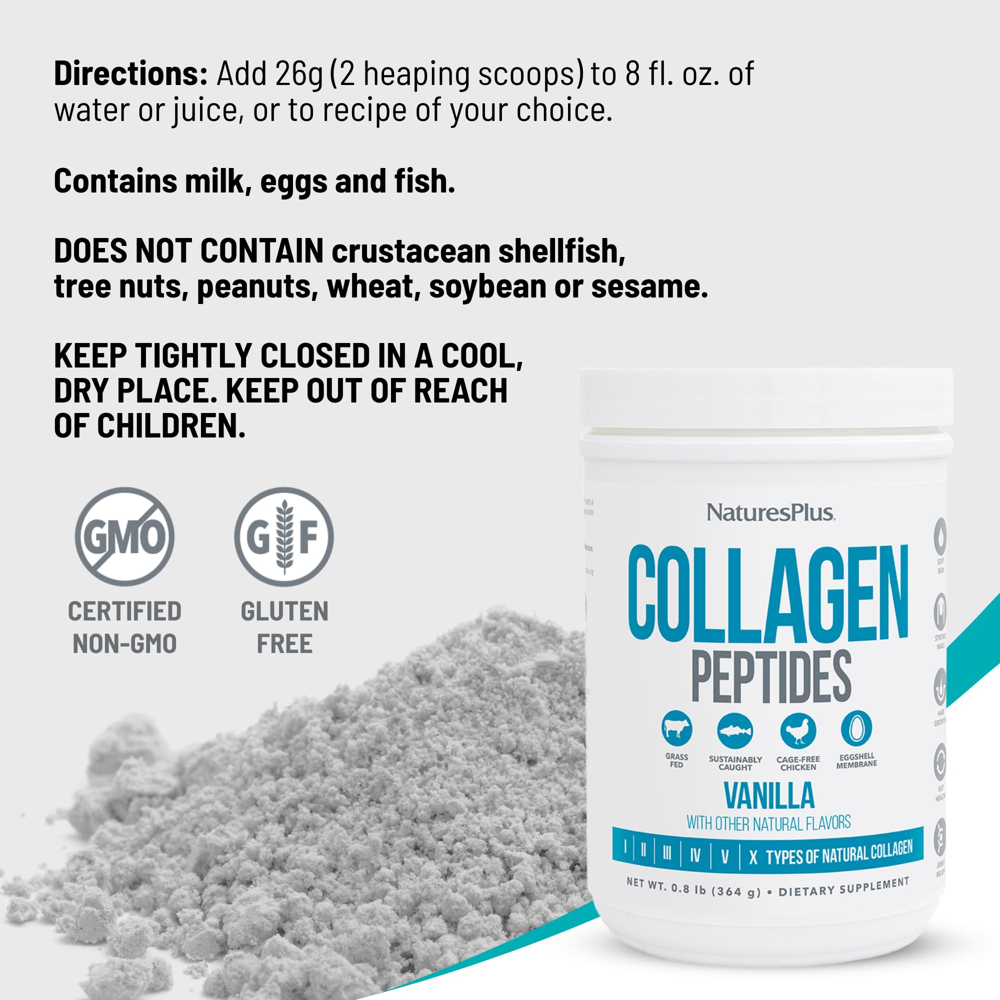 NaturesPlus Collagen Peptides Vanilla bottle with nutrition facts panel visible