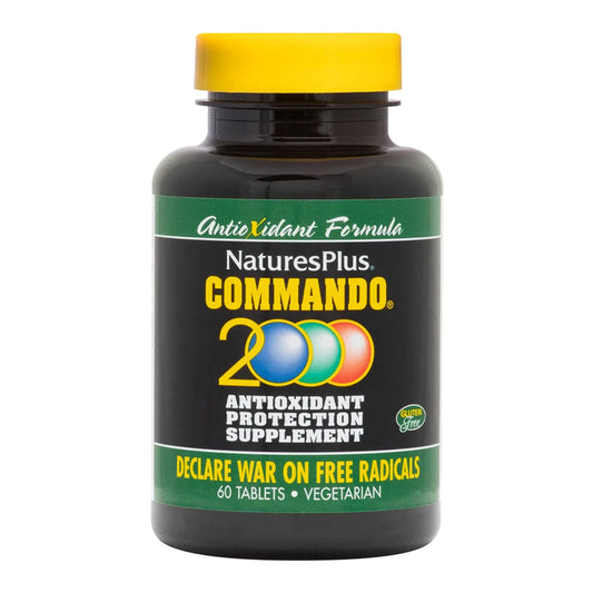 NaturesPlus Commando 2000 bottle front, highlighting antioxidant protection for everyday vitality.