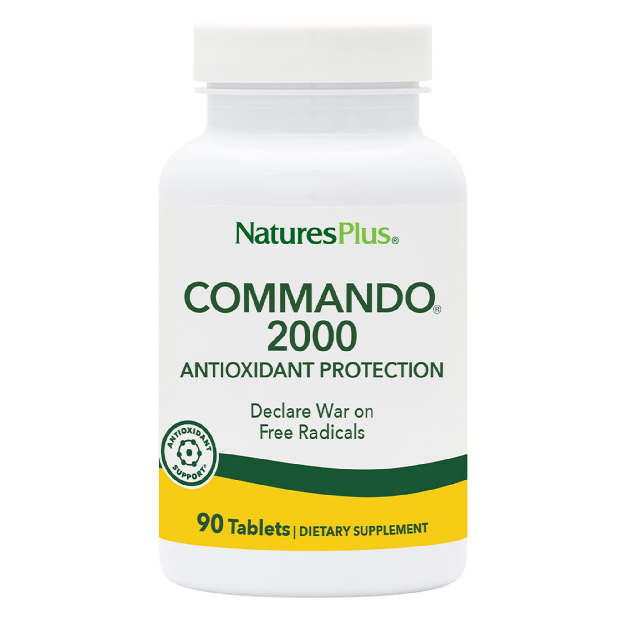 NaturesPlus Commando 2000-90 bottle shows antioxidant-rich formula for daily support.