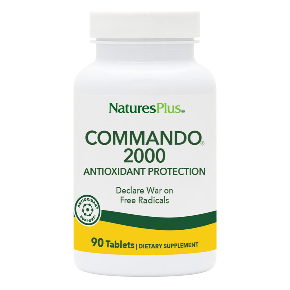 NaturesPlus Commando 2000-90 bottle shows antioxidant-rich formula for daily support.