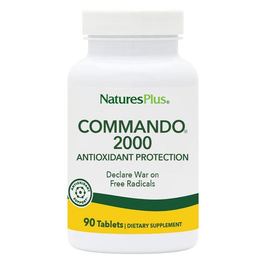 NaturesPlus Commando 2000-90 bottle shows antioxidant-rich formula for daily support.