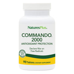NaturesPlus Commando 2000-90 bottle shows antioxidant-rich formula for daily support.