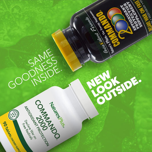 NaturesPlus Commando 2000-90 ingredient panel highlights NAC, ginkgo and garlic.