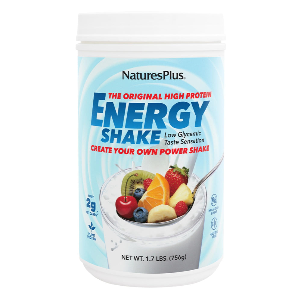 NaturesPlus Energy Shake bottle front showing 16 g plant-based protein for energy.