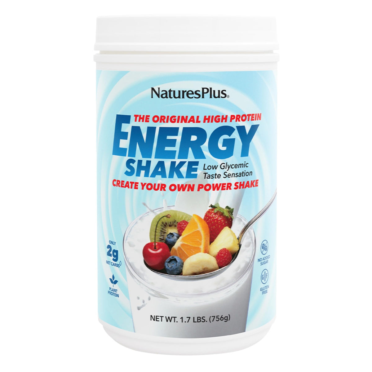 NaturesPlus Energy Shake bottle front showing 16 g plant-based protein for energy.