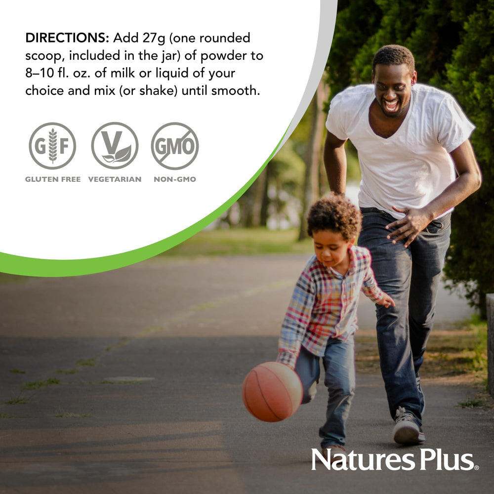 NaturesPlus Energy Shake glass with fruit to illustrate customizable protein shake.