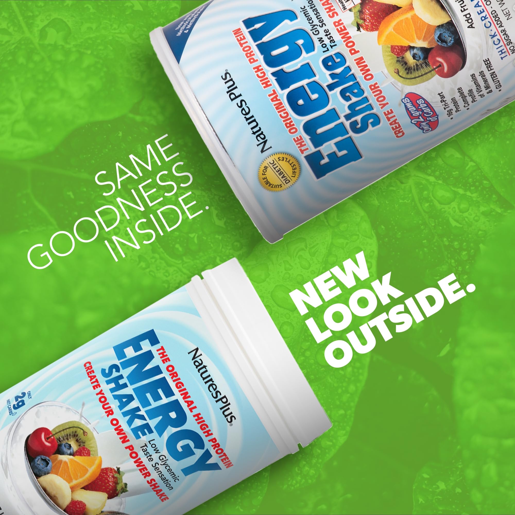 NaturesPlus Energy Shake nutrition panel close-up highlighting 70 calories per serving.