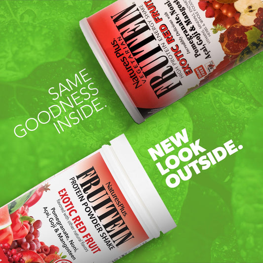 NaturesPlus Fruitein Exotic Red Fruit Shake being poured into a glass for a quick smoothie