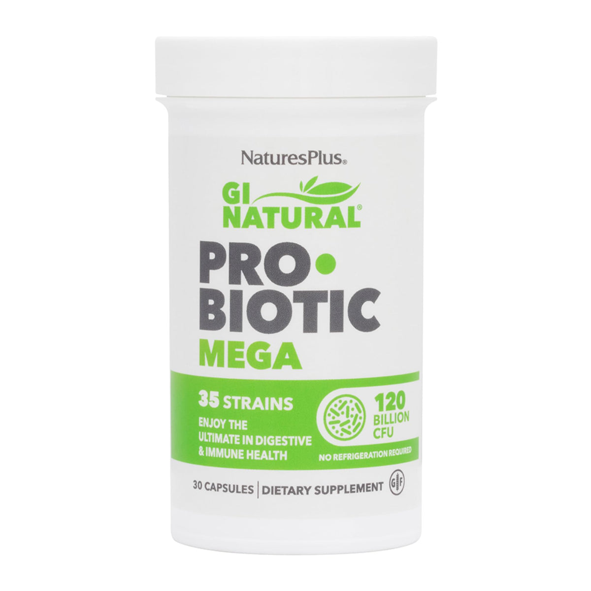 NaturesPlus GI Natural Probiotic Mega bottle front for daily digestive balance.