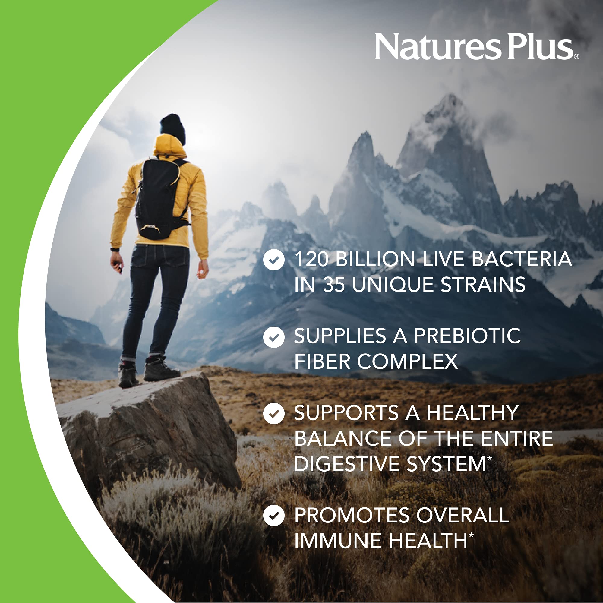 NaturesPlus GI Natural Probiotic Mega capsules close-up highlighting capsules and servings.