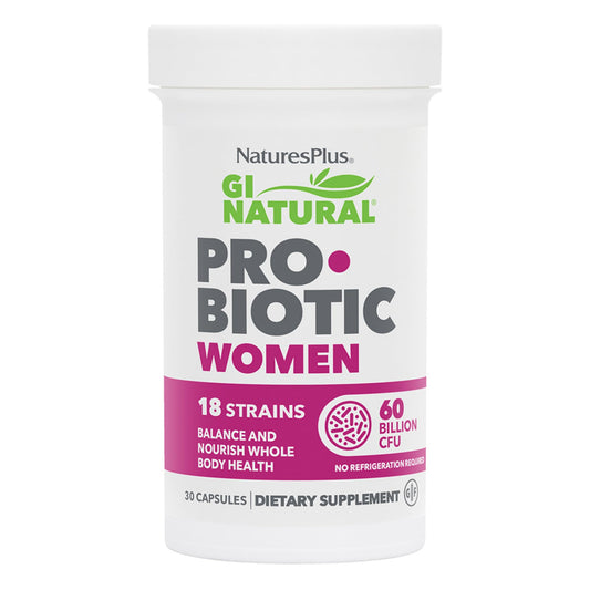 Nature's Plus GI Natural Probiotic Women bottle showcases 60B CFU across 18 strains for digestive balance.