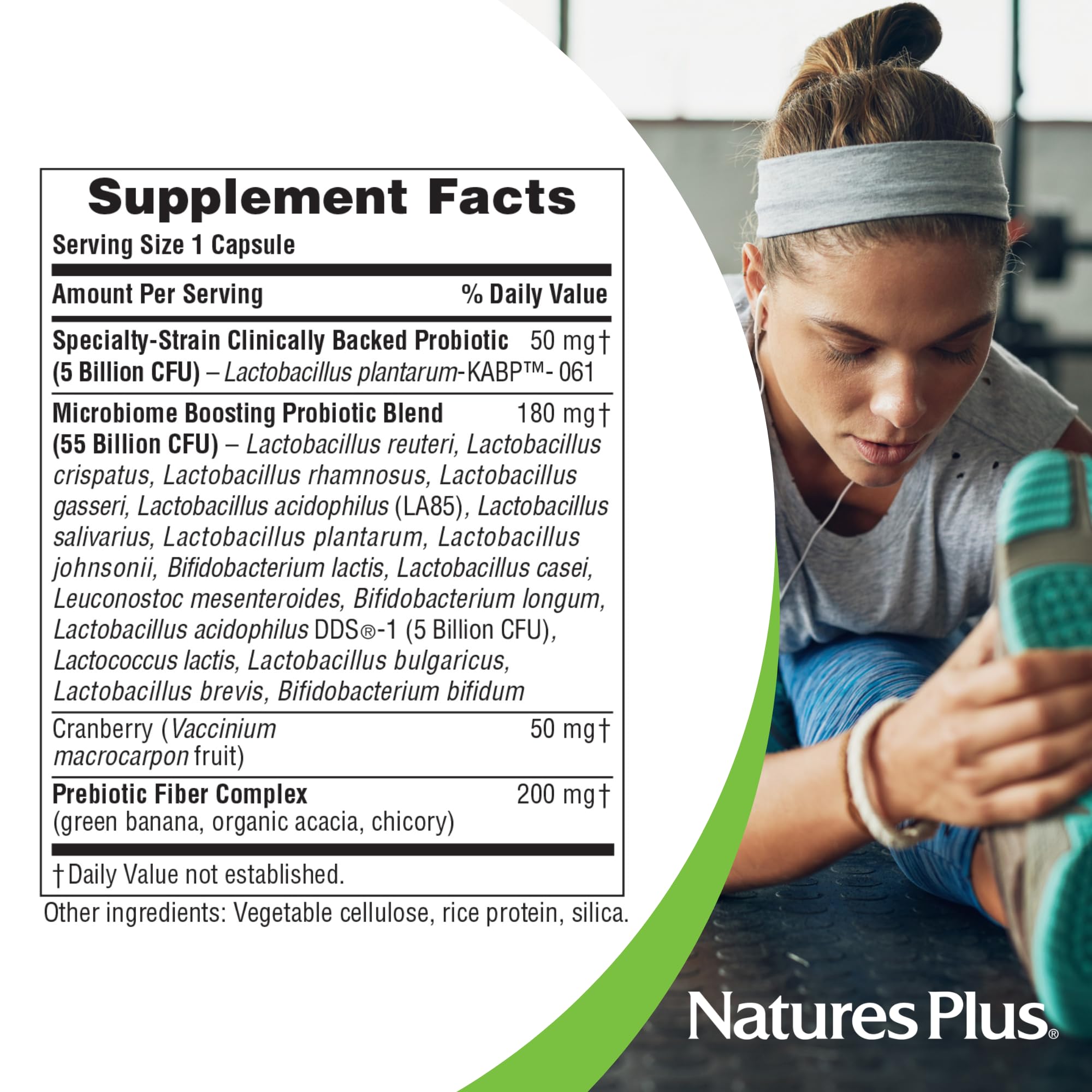 Nature's Plus GI Natural Probiotic Women label emphasizes gluten-free formula for sensitive customers.