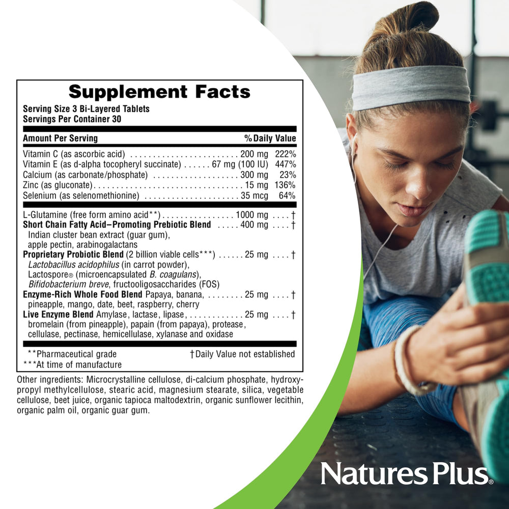 Close-up of round bi-layered tablets from NaturesPlus GI Natural package.