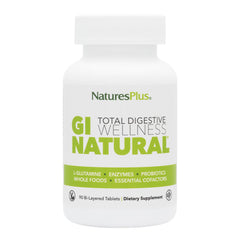 NaturesPlus GI Natural Total Digestive Wellness bottle highlighting probiotics and enzymes for gut support.