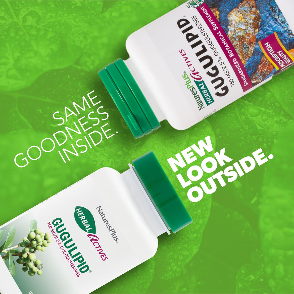 Close-up of NaturesPlus Gugulipid capsules highlighting vegan formula