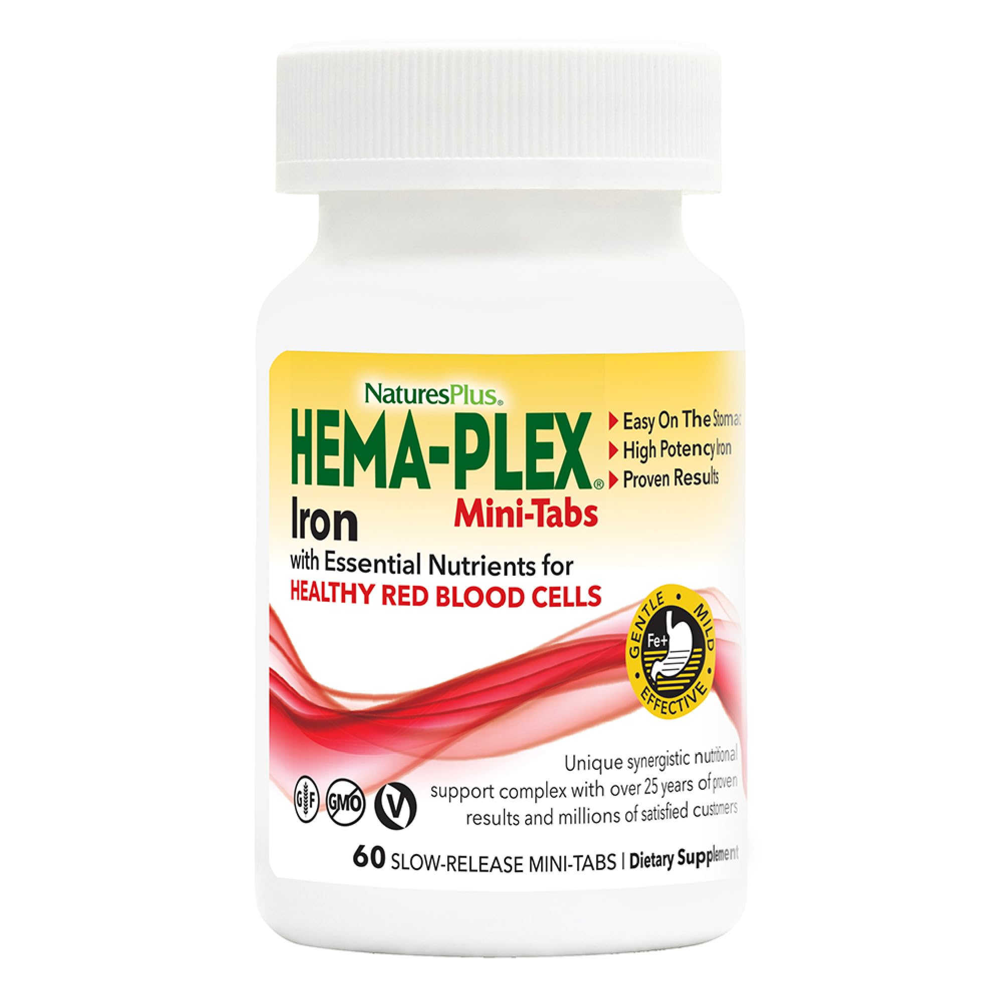 NaturesPlus Hema-Plex Iron bottle with 85 mg chelated iron tablets for gentle daily support