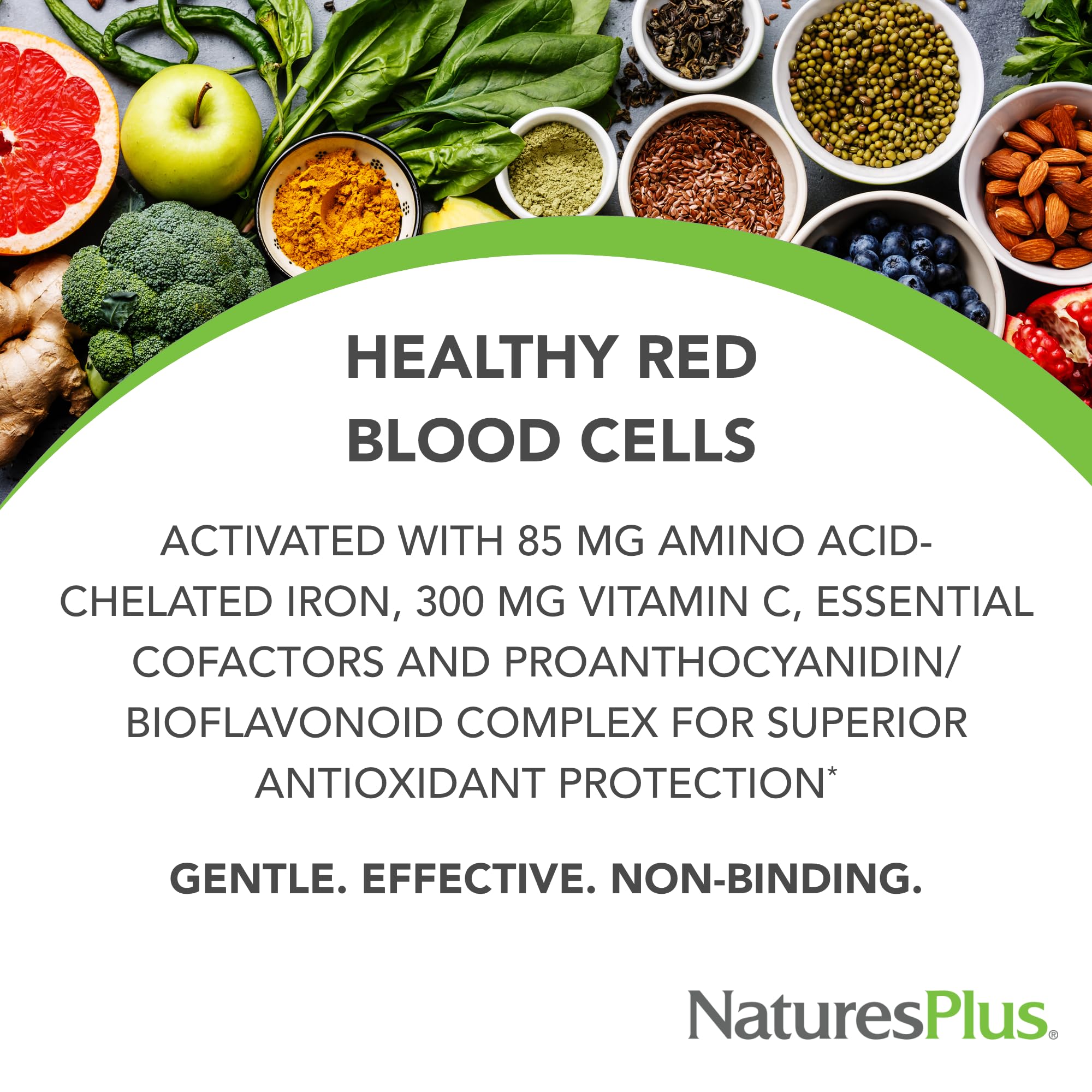 Close-up of NaturesPlus Hema-Plex Iron tablets for steady release