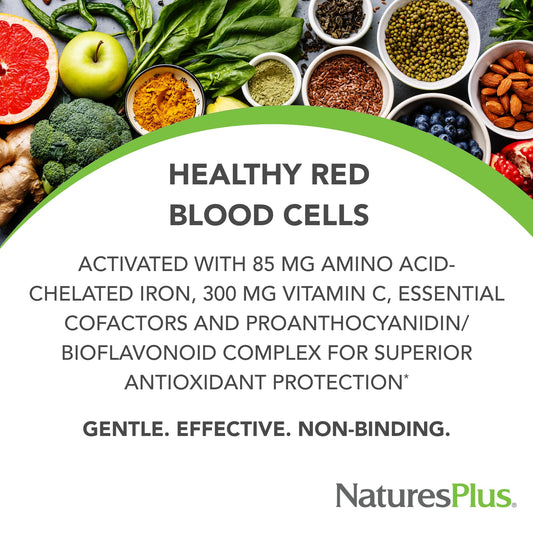NaturesPlus Hema-Plex Iron 85 mg per serving label highlights iron delivery.