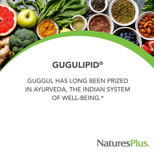 NaturesPlus Gugglipid bottle close-up highlighting gluten-free and allergen-conscious formula.