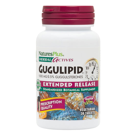 NaturesPlus Herbal Actives Gugglipid front bottle view with extended-release tablets.