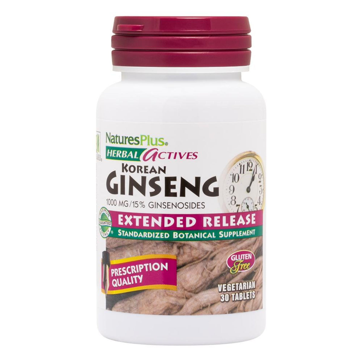 NaturesPlus Herbal Actives Korean Ginseng bottle pour highlights extended release energy