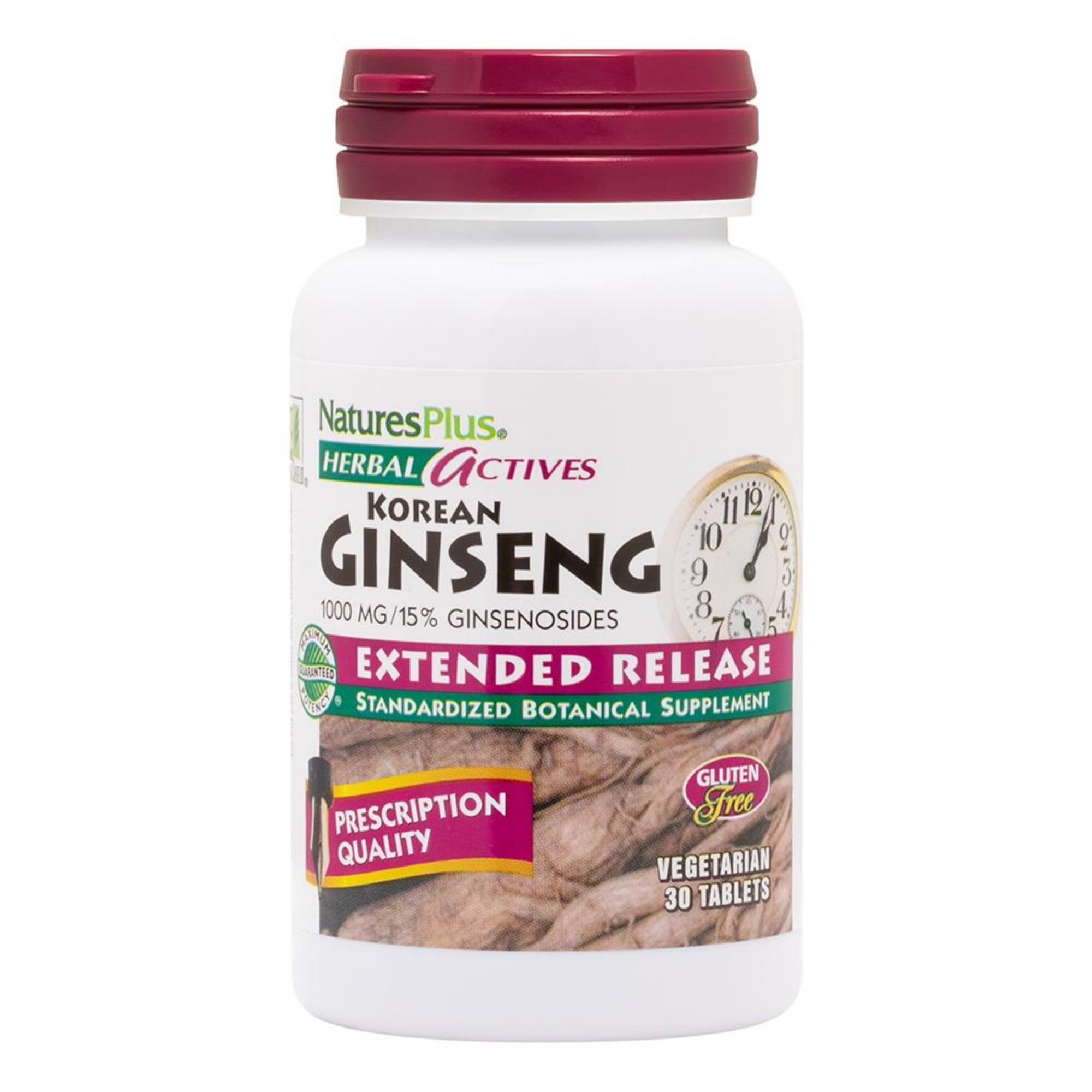 NaturesPlus Herbal Actives Korean Ginseng bottle showing extended-release support for steady daytime energy