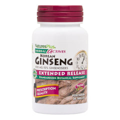 NaturesPlus Herbal Actives Korean Ginseng bottle showing extended-release support for steady daytime energy